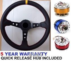 Leather Steering Wheel And Quick Release Snap Off Boss Kit Hub 350mm 13.7 Inch
